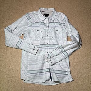 Marmot Lillian Long Sleeve Shirt Women M White Blue Striped Button Hiking C3